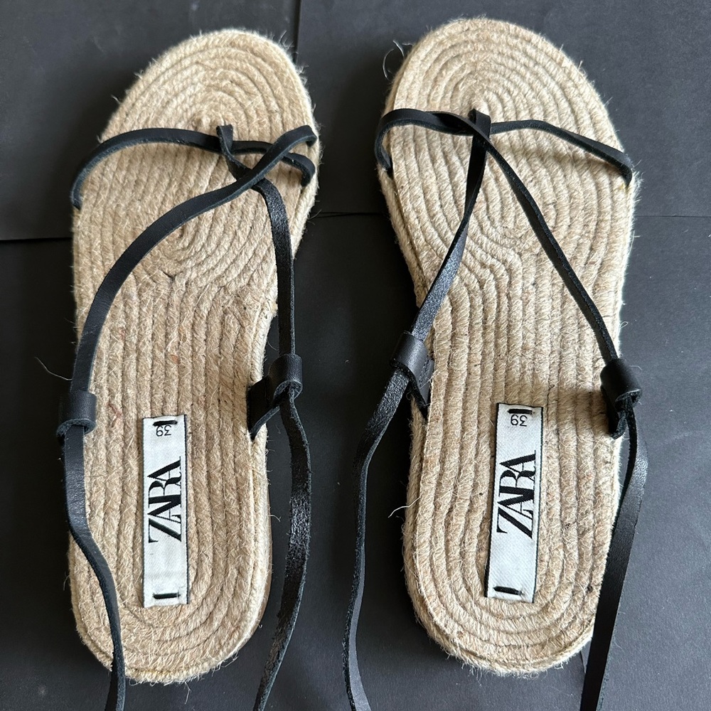 Zara black leather tie up sandal with jute sole